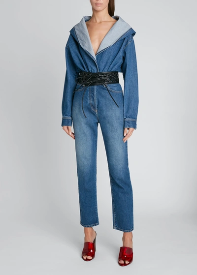 Shop Alaïa Denim Hooded Bodysuit In Bleu Jeans