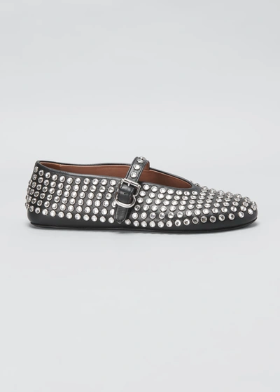 Shop Alaïa Leather Mary Jane Flats With Allover Studs In 999 Noir