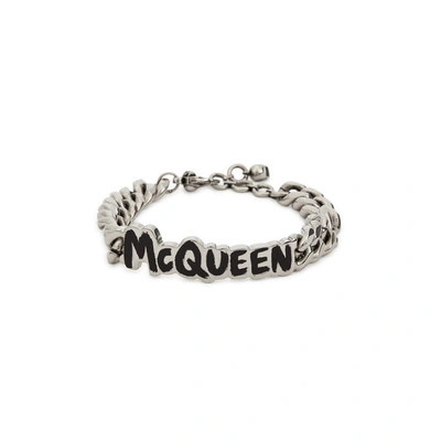 Shop Alexander Mcqueen Graffiti Logo Silver-tone Chain Bracelet