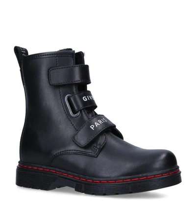 Shop Givenchy Kids Leather 3-strap Ankle Boots In Black