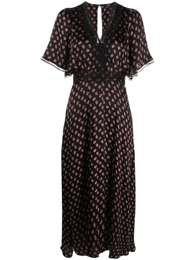 Maje Rachelina Monogram-print Lace-trimmed Silk Maxi Dress In Little Black