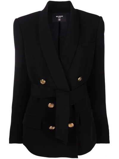 Shop Balmain Double-breasted Belted Blazer In Black