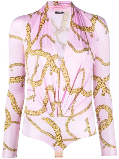 Shop Versace Chain-print Fitted Blouse In Pink