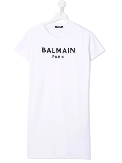 Shop Balmain Teen Logo Print T-shirt Dress In White