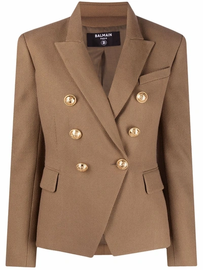 Shop Balmain Double-breasted Tailored Blazer In Brown