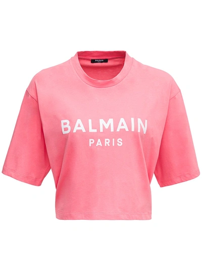 Shop Balmain Pink Cotton Cropped T-shirt With Logo Print