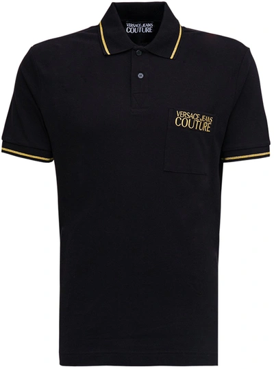 Shop Versace Jeans Couture Black Cotton Polo Shirt With Logo Print