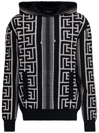 Balmain Hooded Wool Blend Sweater With All-over Monogram In Beige