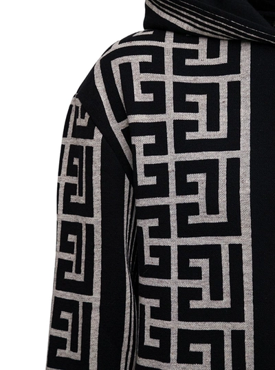 Balmain Hooded Wool Blend Sweater With All-over Monogram In Beige