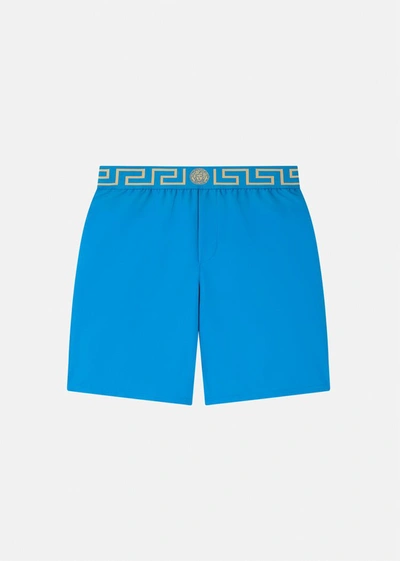Shop Versace Mid-length Greca Border Swim Shorts In Blue