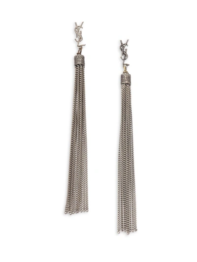 Shop Saint Laurent Women's Loulou Chain Tassel Earrings In Silver