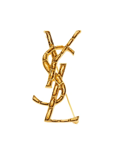 Shop Saint Laurent Goldtone Textured Logo Brooch