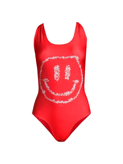Shop Ganni Women's Smiley One-piece Swimsuit In High Risk Red