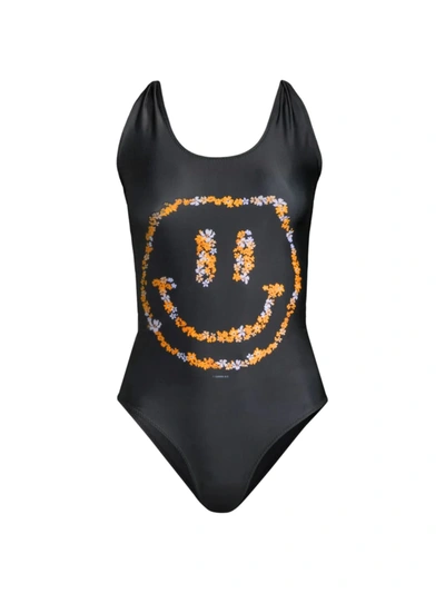 Shop Ganni Women's Smiley One-piece Swimsuit In Black
