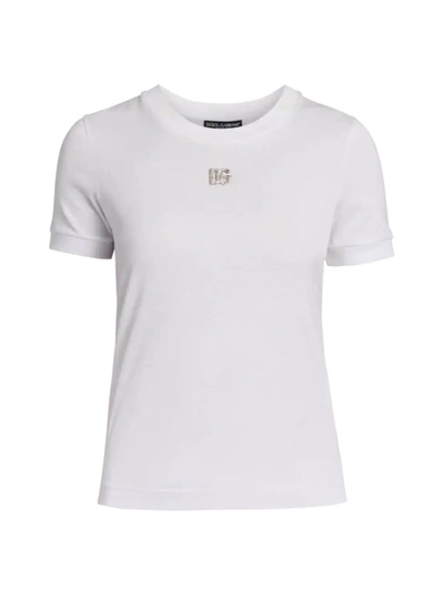 Shop Dolce & Gabbana Women's Crystal-embellished Logo T-shirt In Bianco Ottico