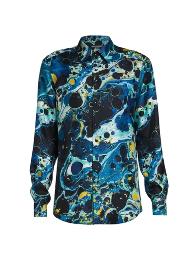 Shop Dolce & Gabbana Men's Silk Button-front Shirt In Marmo Rizz Mix Blu