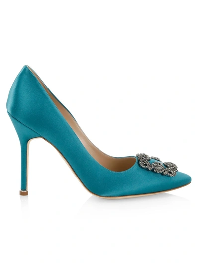 Shop Manolo Blahnik Hangisi 105 Embellished Satin Pumps In Blue