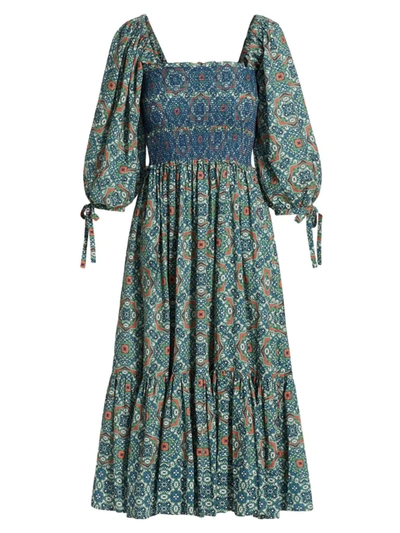 Shop Cara Cara Jazzy Printed Smocked Midi Dress In Inkwash Paisley Hibiscus