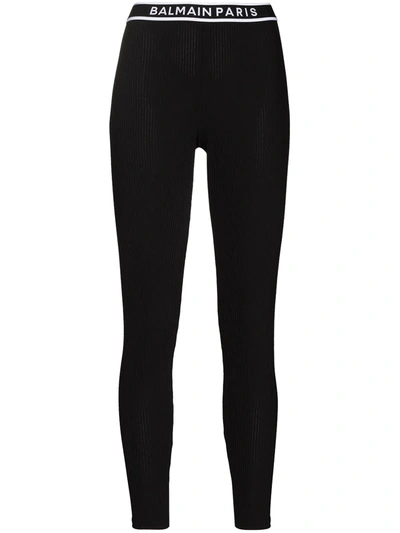 Shop Balmain Logo-waistband Leggings In Black