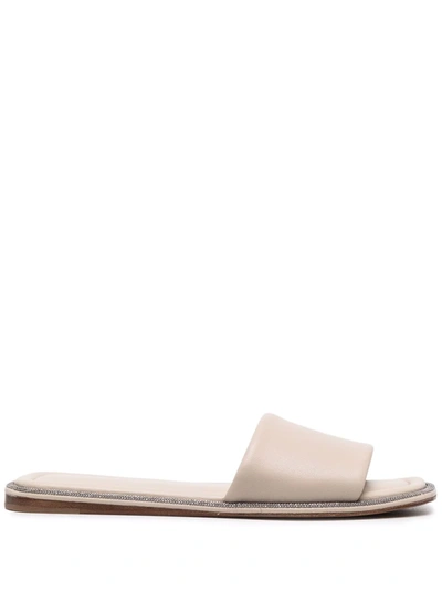 Shop Brunello Cucinelli Monili-embellished Leather Slides In Neutrals