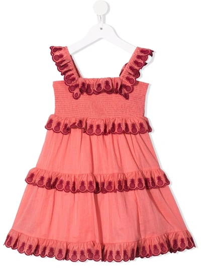 Shop Zimmermann Pineapple-embroidered Smocked Dress In Pink