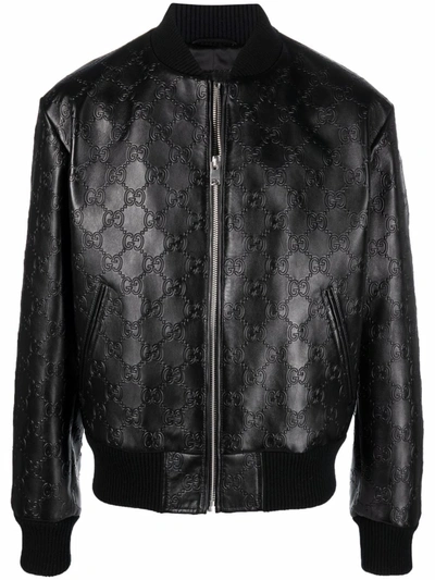 Gucci Black Gg Debossed Leather Jacket