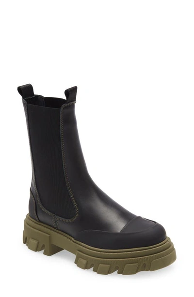 Shop Ganni Calf Leather Mid Chelsea Boot In Black/ Green