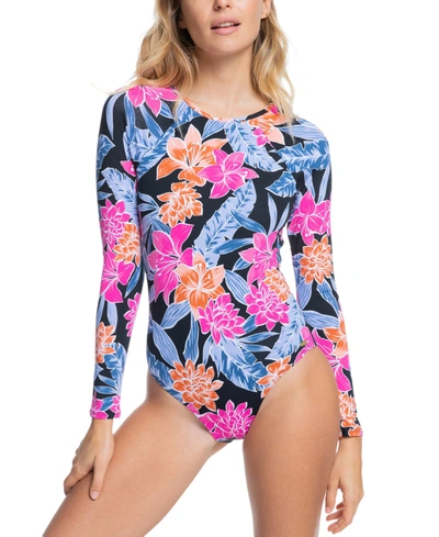 Shop Roxy Juniors' Printed Long-sleeve One-piece Swimsuit Women's Swimsuit In Anthracite Tropical Oasis