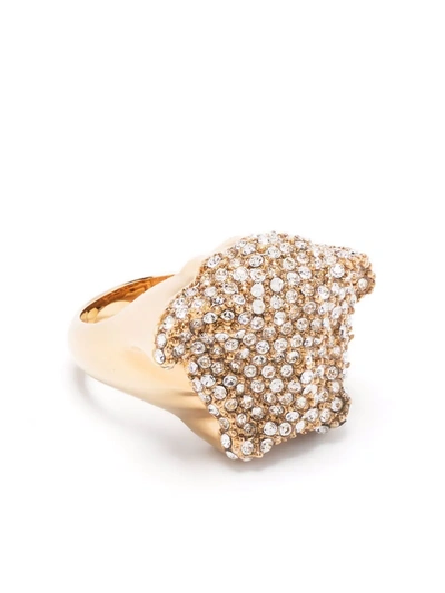 Versace Gold Tone La Medusa Crystal Ring In Gold
