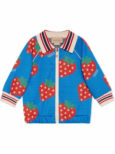 Shop Gucci Strawberry-knit Shirt Jacket In Blue