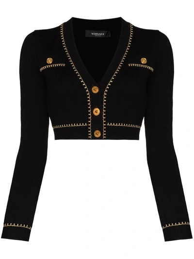 Shop Versace Logo-button Cropped Cardigan In Black