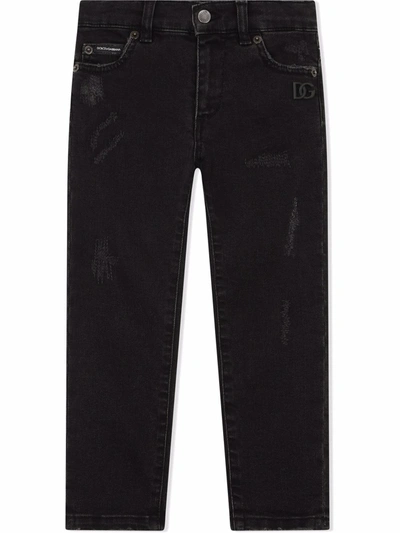 Shop Dolce & Gabbana Distressed Dark Wash Jeans In Black