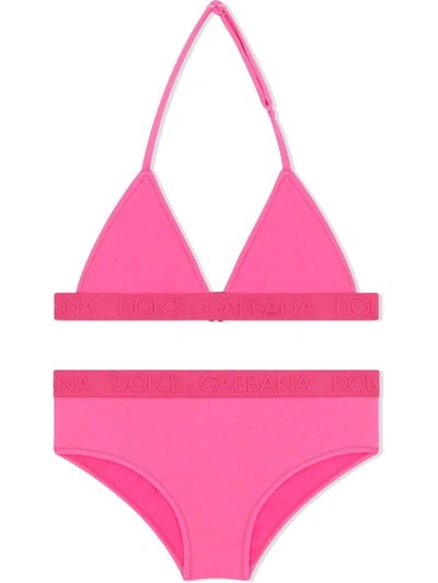 Shop Dolce & Gabbana Logo Band Halterneck Bikini In Pink