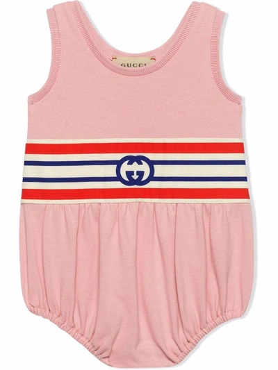 Shop Gucci Gg-band Smocked Romper In Pink