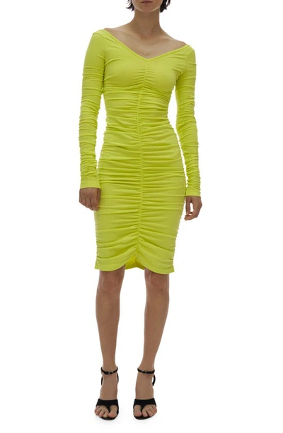 Shop Helmut Lang Ruched Long Sleeve Body-con Dress In Acid Lime