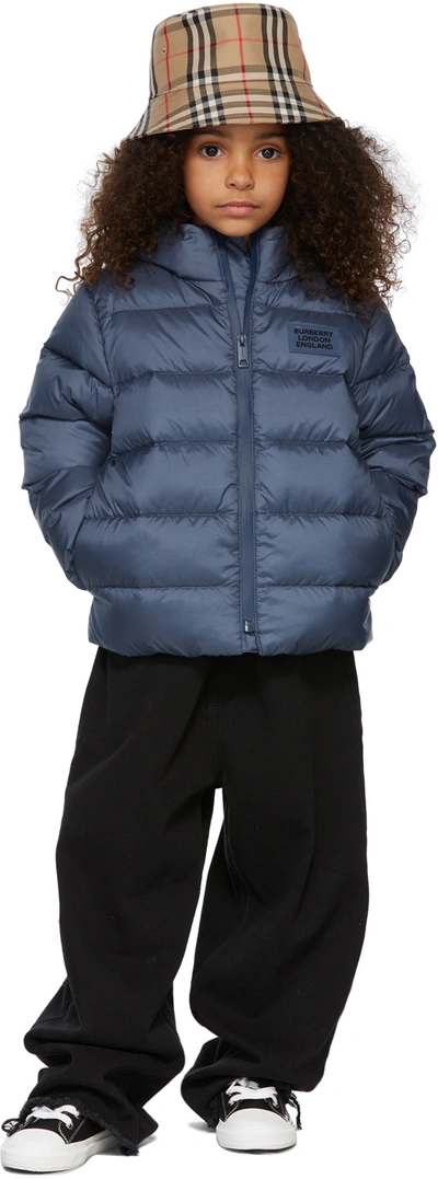 Shop Burberry Kids Blue Down Puffer Jacket In Pebble Blue