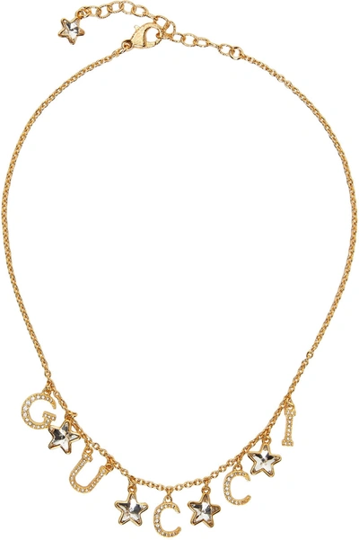 Shop Gucci Gold Script Charm Necklace In 8031 8005/crystal