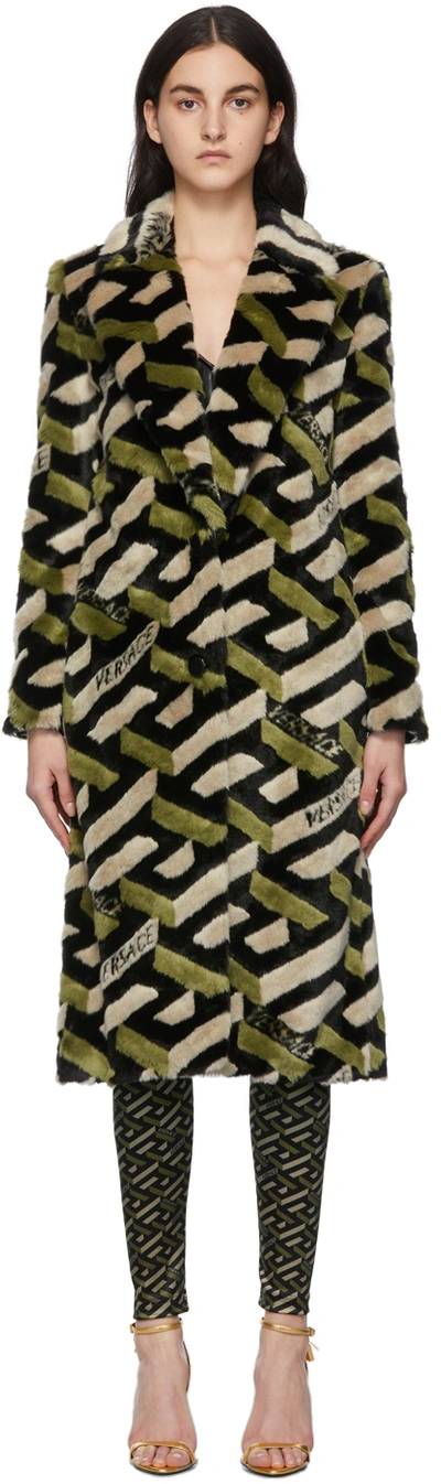 Shop Versace Black & Green Faux-fur Coat In 1a01778 Ner