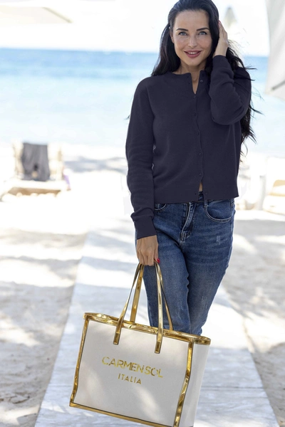 Shop Carmen Sol Campiglio Pure Italian Cashmere Cardigan In Navy