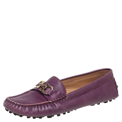 Pre-owned Ferragamo Purple Lizard Embossed Leather Gancini Bit Loafers Size 36