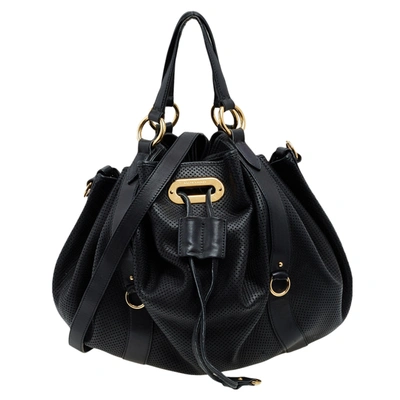 Pre-owned Polo Ralph Lauren Black Perforated Leather Drawstring Hobo