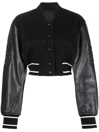 Shop Givenchy Embossed-logo Cropped Bomber Jacket In Black
