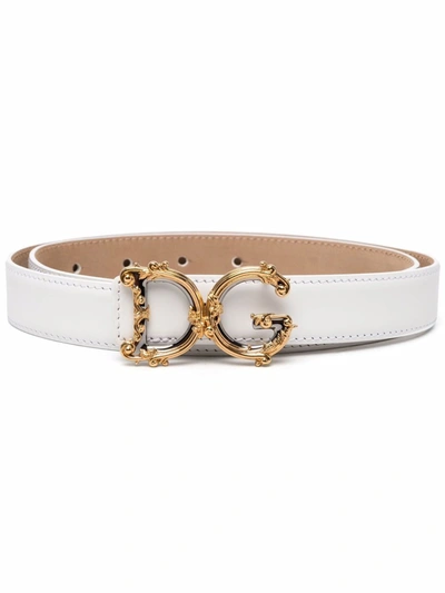 Shop Dolce & Gabbana Leather Belt With Logo Plaque In White