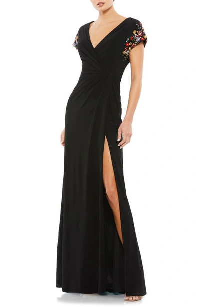 Shop Mac Duggal Beaded Sleeve Faux Wrap Gown In Black Multi