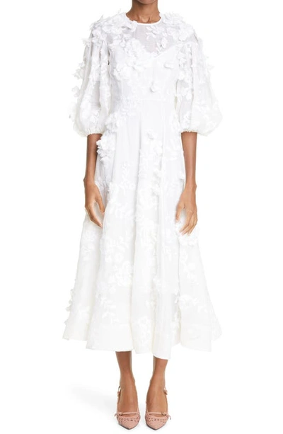 Shop Zimmermann Postcard Appliqué Linen & Silk Midi Dress In Ivory