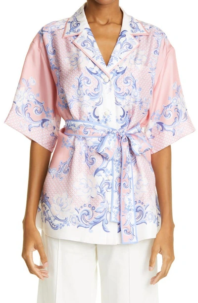 Shop Zimmermann Postcard Oversize Button-up Silk Shirt In Swirl Floral Coral
