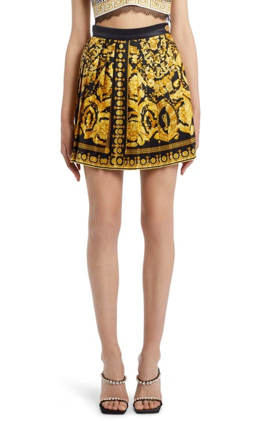 Shop Versace Barocco Pleated Silk Skirt In Black Gold