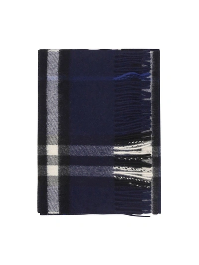 Shop Burberry Checked Fringed Scarf In Blue