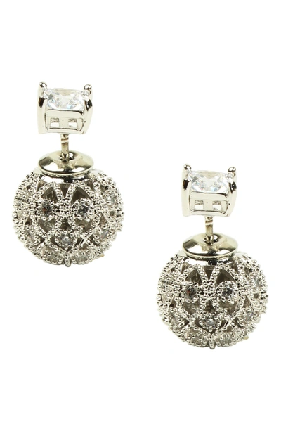 Eye Candy Los Angeles Altair Rhodium Plated Square Cz Front & Back Stud Earrings In Silver