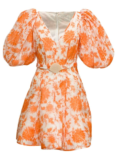 Shop Zimmermann Postcard Linen Blend Dress With Balloon Sleeves In Orange
